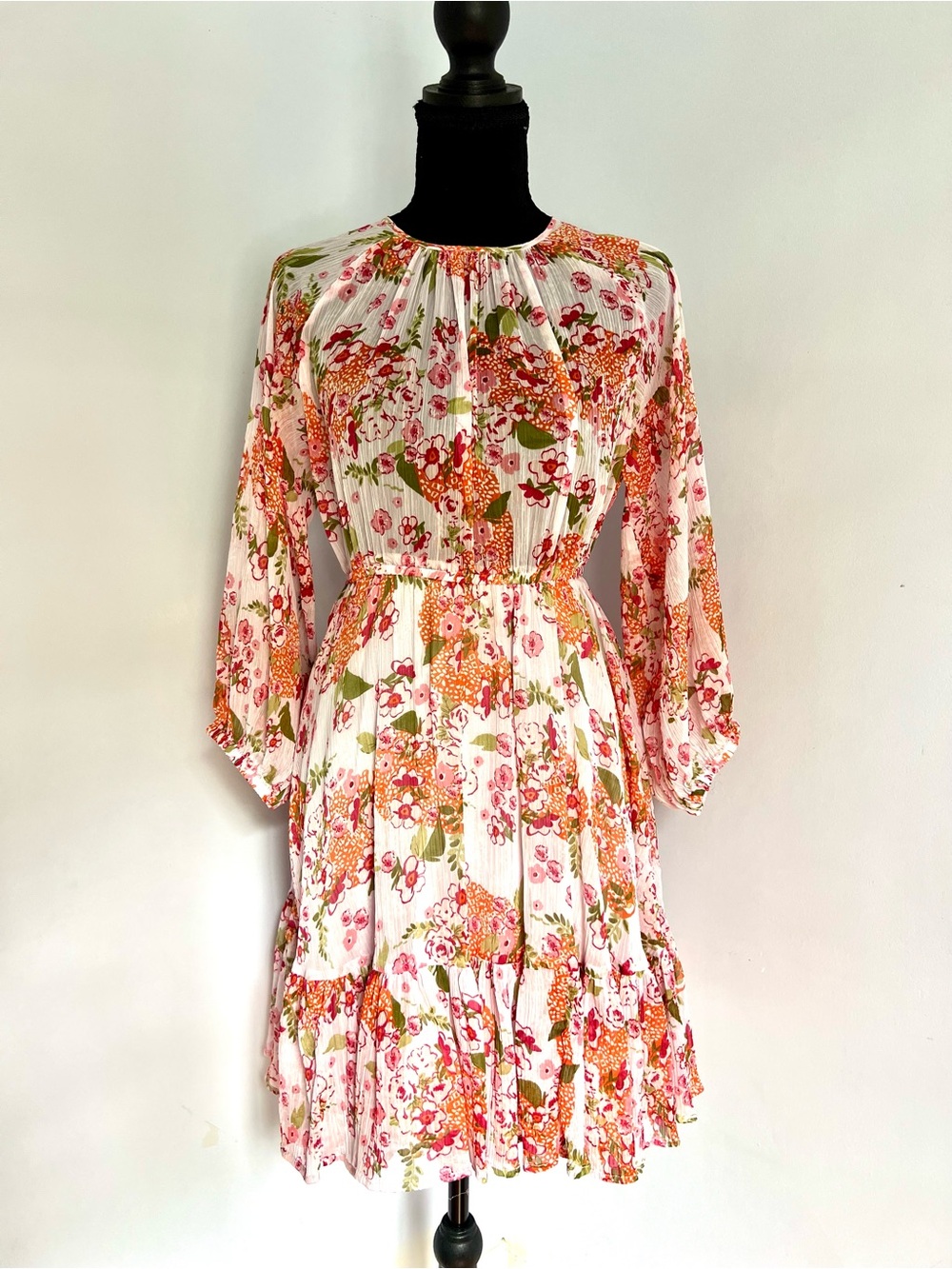 ByTiMo Floral Long-Sleeve Tie-Waist White & Pink Dress $395 XS